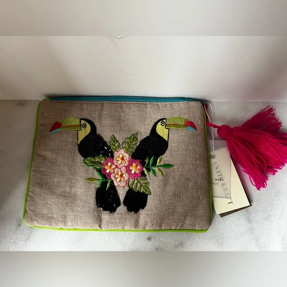 Antik Kraft Colorful Toucan Embroidered Pouch,cosmetic bag